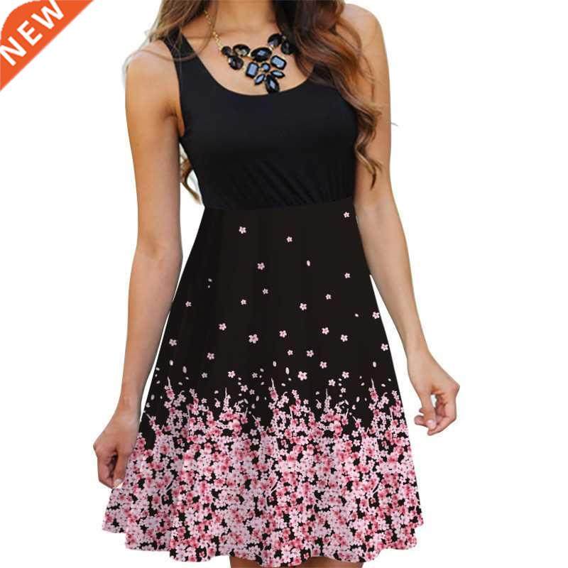 Floral Boho Dress Ladies Sleeveless O-Neck Slim A-line Tank