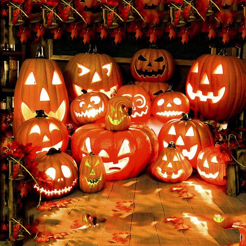 Halloween Pumpkin Lantern Scene Layout With Many Expressions