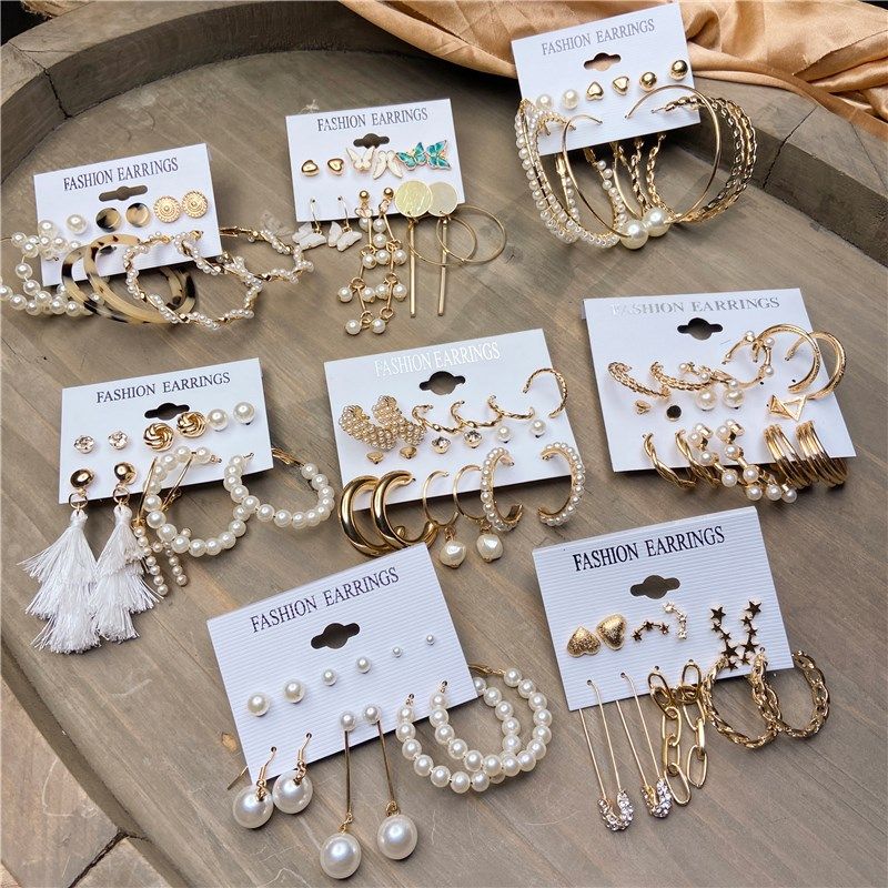 Fashion Gold Hoop Earrings Set Women Pearl Hoop Earrings Ove