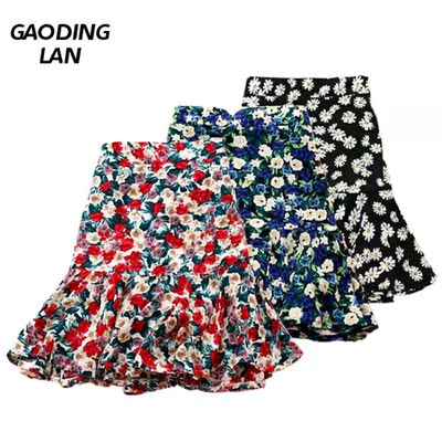 2022 New Summer Vintage Floral Print Short Skirt Female High