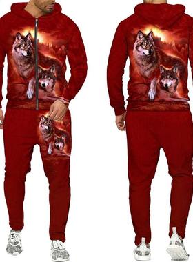Zipper Hoodie Tracksuit Men Women 3D Print Wolf Loose Couple