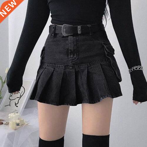 Goth Y2K Hgh Wast Jean Skrts E-grl Aesthetcs Black Den