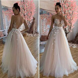 Wedding Dress Flowers For Women A-Line Deep V-Neck Appliques