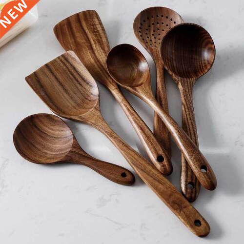 7pcs/set Teak Natural Wood Tableware Spoon Ladle Turner Rice