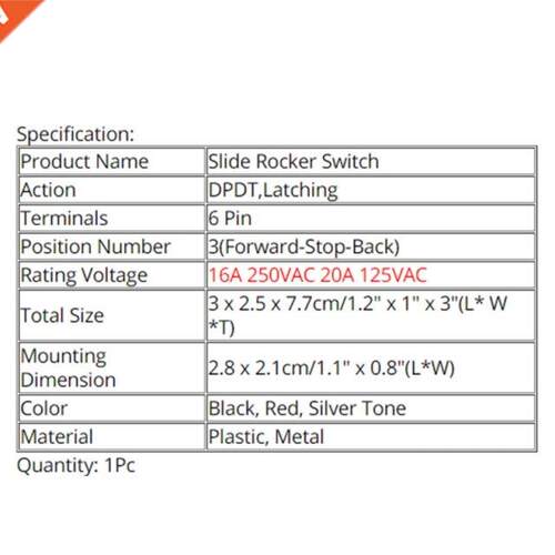 Forward-Stop-Back DPDT 6Pin Latching Slide Rocker Switch KCD