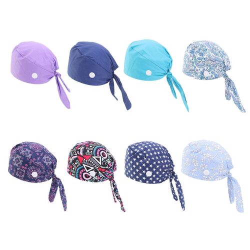 Working Scrub Cap with Button Sweatband Star Paisley Floral