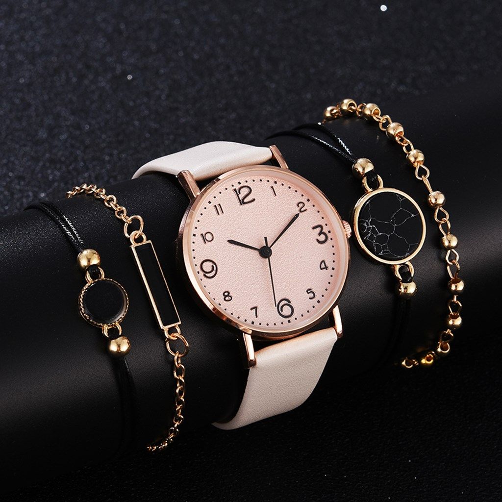 5pcs set watch for women luxury leather analog ladies quartz