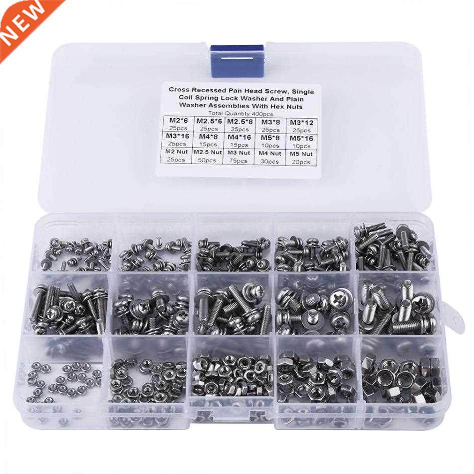 400pcs M2 M2.5 M3 M4 M5 Screws Nuts And Washer Kit Cross Pan
