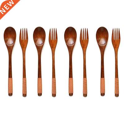 8 Pcs Wooden 9 inchJapanese Spoon Fork Set Kitchen Tableware