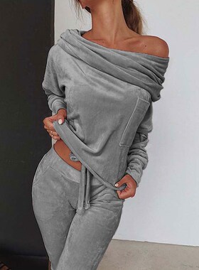 Women 2 pieces Set Tracksuit Autumn One shoulder Sweatshirt