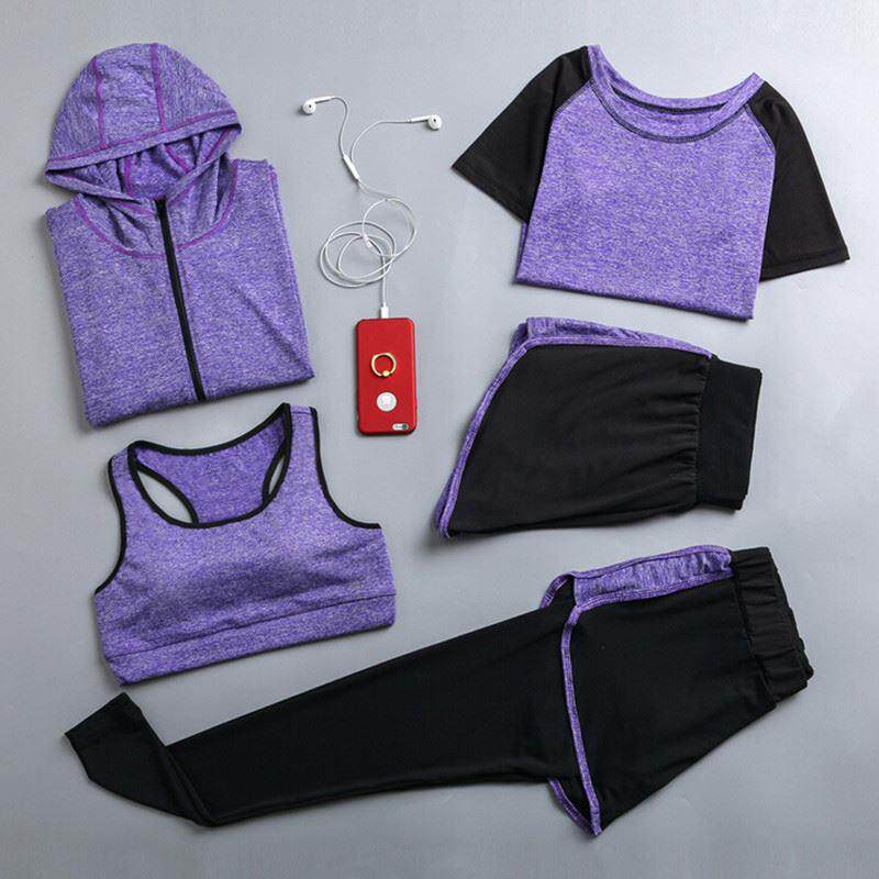 Hot sale women qui dry 5 piece set yoga +t shirt+bra