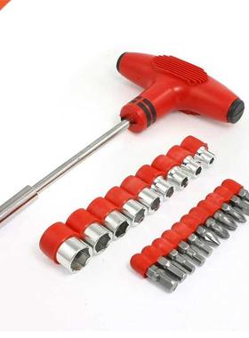 22 1 hexagon with Thandle socket bits Set silver tone Red