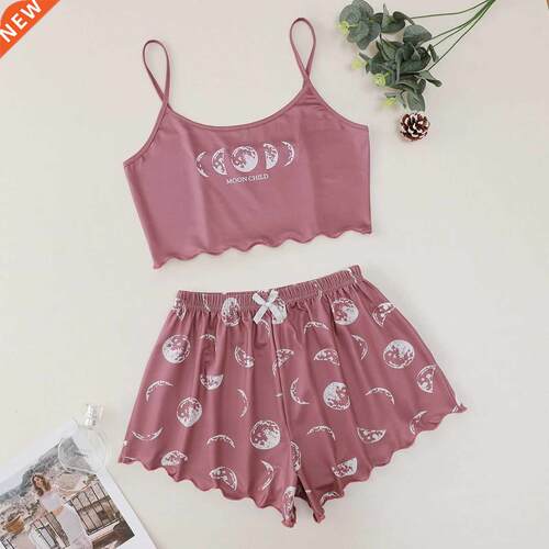 Spaghetti Strap Letter Print Pajama Set Sveless Trim Pyja