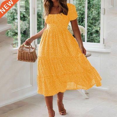 Vestidos Vintage Vintage Print Puff Sve summer Beach swee