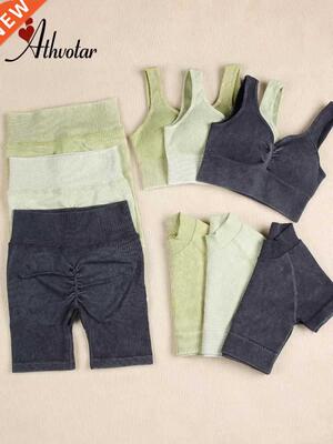 ATHVOTAR Ribbed Women Sports Set Gym Workout Clothes Yoga Su