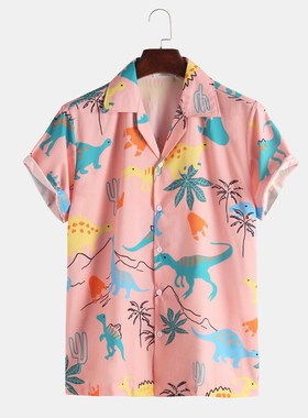 2021 Fashion Hawaiian Shirt Mens Funny Style Dinosaur Cartoo