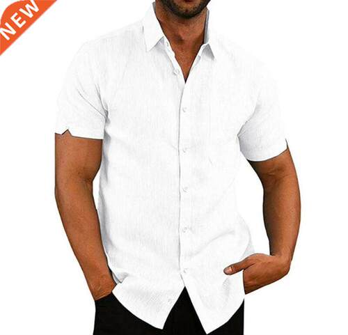 Mens Linen Blouse Short Sleeve Baggy Buttons Summer Solid Co