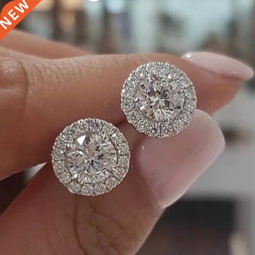 Female Luxury Crystal Round Stud Earrings Vintage Silver Col