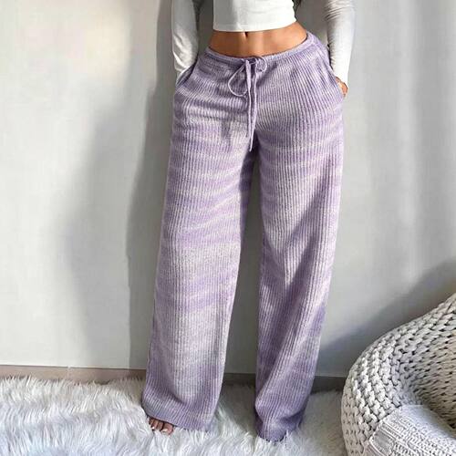 条纹抽绳高腰阔腿裤女不易变形