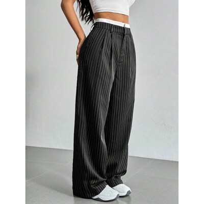 Solid color plus size high waisted leggings 拼接高腰条纹长裤