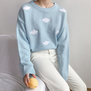 Korean Ladies Loose Harajuku Tops Applique Knitted Sweater