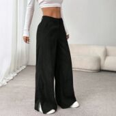 waist 中腰开叉宽松直筒长裤 slit straight Mid pants loose leg