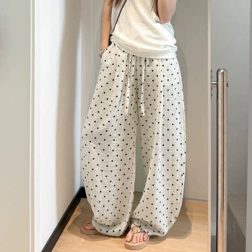 波点高腰阔腿女休闲裤