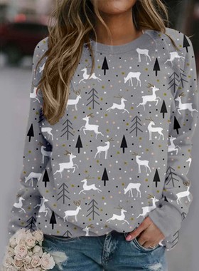 Ladies autumn and winter print pullover round neck sweater