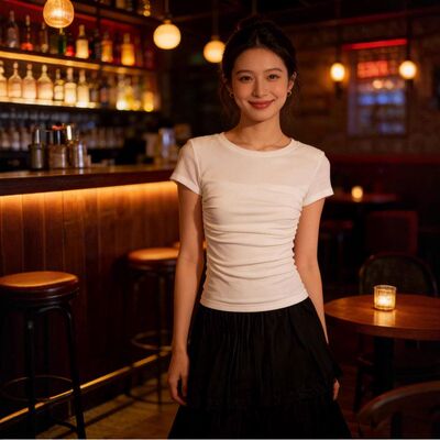 柜货2026夏新款百搭气质短袖性感修身褶皱T恤女上衣弹力圆领显瘦