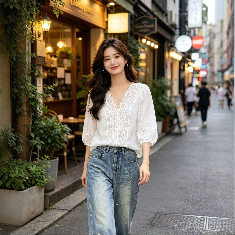 品牌订单2026夏季新款法式百搭镂空花边V领女优雅别致衬衫女上衣