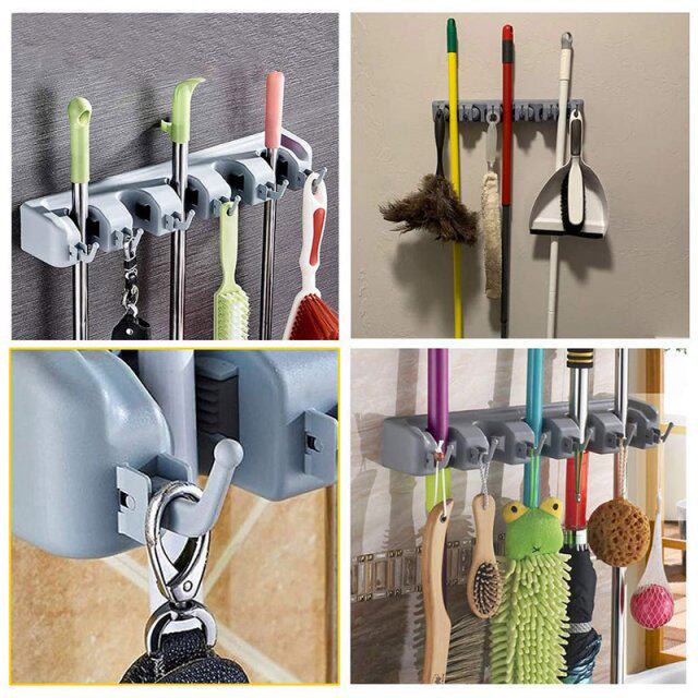 2 PACK BROOM AND MOP HOLDER WALL MOUNTED 5 POSTON 6 HOOKS