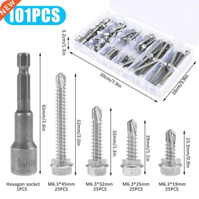 101Pcs M6.3 19/25/32/45mm Screws Ecternal Hex He Self Tapp