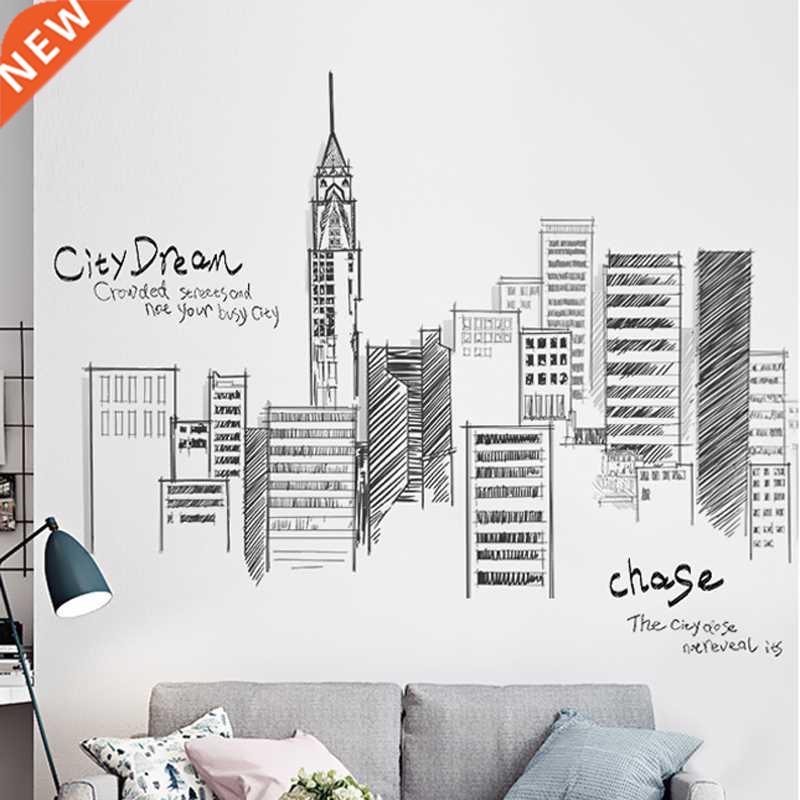 Black Retro Large Tall City Hand Painted Buildings Set Wall