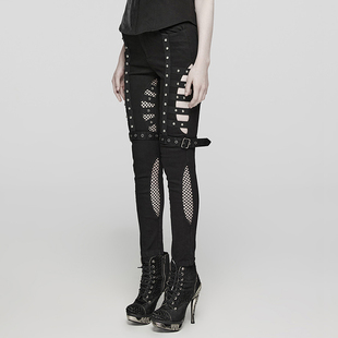 朋克镂空黑色破洞牛仔裤女机车风直筒裤修身酷酷女装帅气裤子潮流