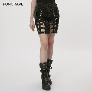 酷酷女装 朋克废土风牛仔短裤 复古休闲牛仔裤 子美式 女镂空机能风裤