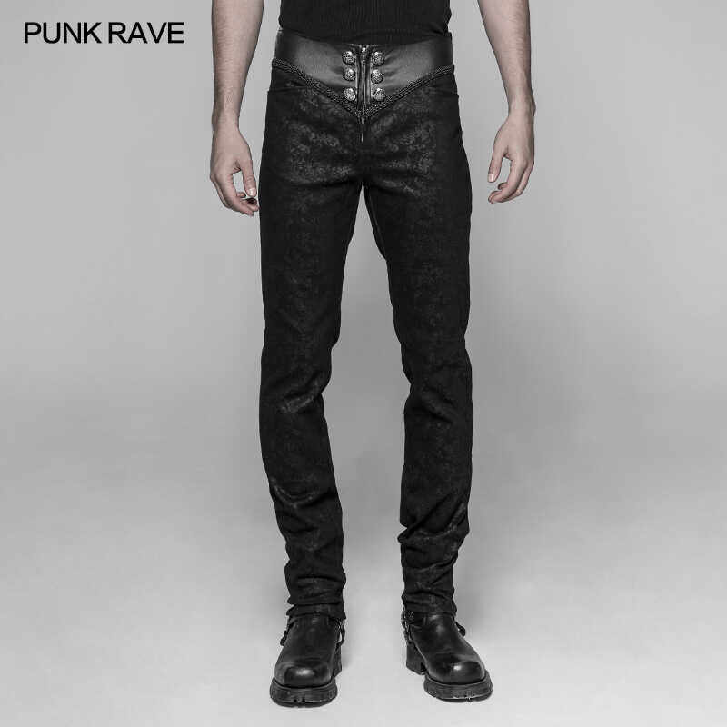 高腰修身哥特男装裤子宫廷复古休闲裤长裤高级感时尚型暗纹皮裤潮