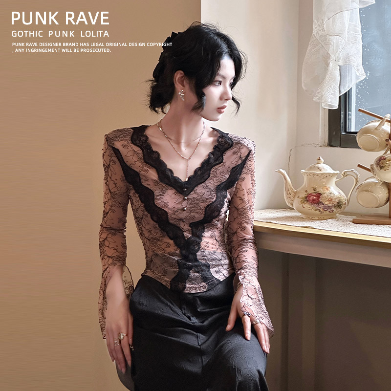 PUNKRAVE半透蕾丝衫女气质上衣