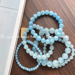 天然海蓝宝碎碎冰系列夏日清凉水晶手串珠链实拍现货合集金水相生