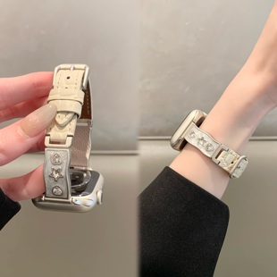 适用苹果手表iwatch10表带夏季 金属拼小牛皮applewatch 细款 手镯式