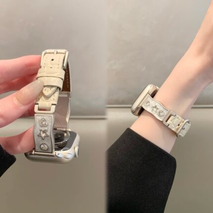 适用苹果手表iwatch10表带夏季细款手镯式金属拼小牛皮applewatch