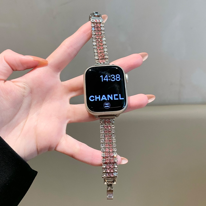 适用苹果手表iwatch10表带透气细款四排钻金属链条applewatch98女