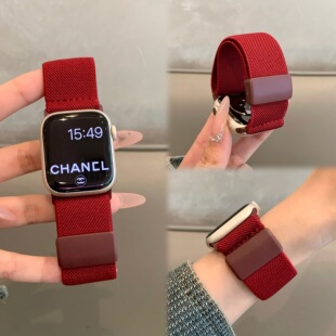 适用苹果手表iwatch10表带新年弹力编织磁吸扣applewatch98运动女
