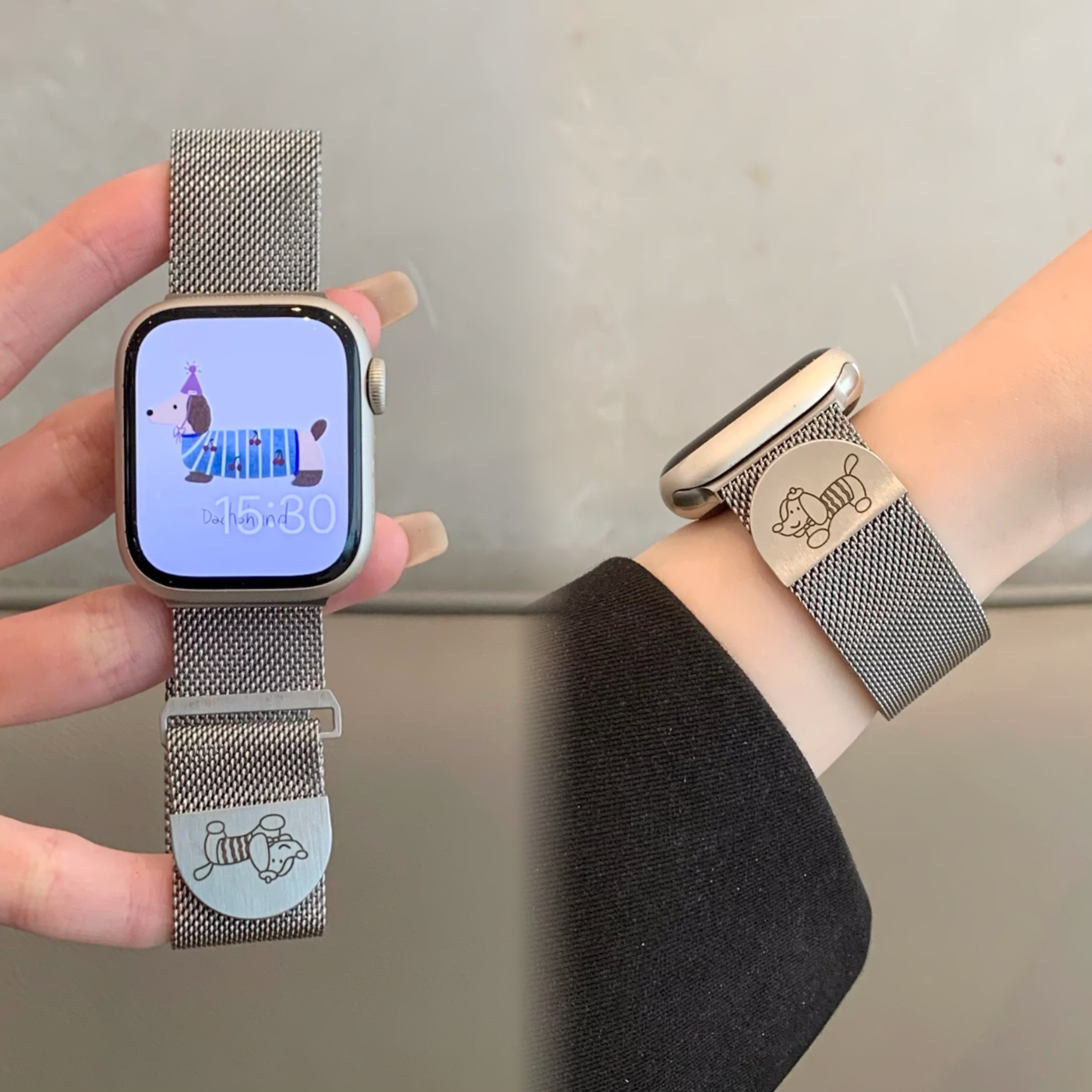 适用苹果手表iwatch10表带可爱腊肠狗米兰尼斯金属磁吸applewatch