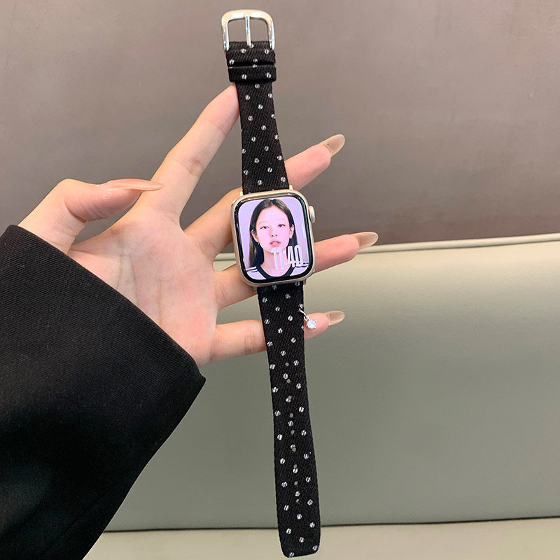 适用苹果手表iwatch10/s11表带舒适韩系波点牛仔皮质applewatch98