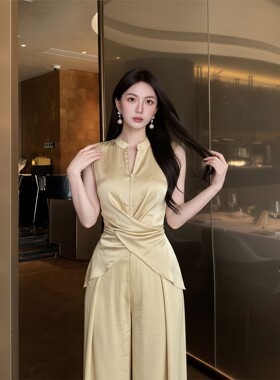 夏季时尚气质新款无袖百搭纯色设计上衣+高腰长裤两件套女 P0501