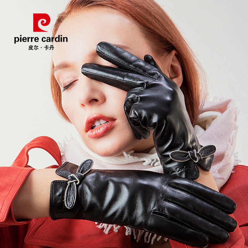 皮尔卡丹女士手套冬季保暖加厚防风加绒触屏骑行电动车开车防水
