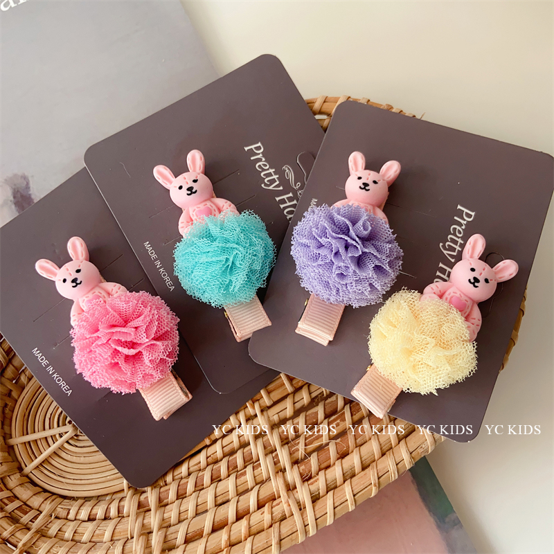 韩国进口可爱彩色纱球小兔子发夹儿童发饰宝宝甜美刘海碎发卡边夹