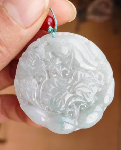 天然缅甸a货翡翠莲鱼玉牌 牌子 挂件 项坠 40*5mm  连年有余786