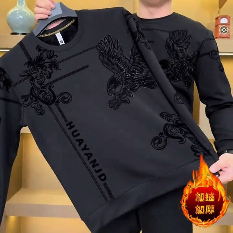 长袖2025新款秋冬加绒老鹰男士圆领卫衣宽松打底保暖上衣服秋衣