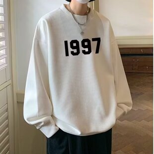 华夫格卫衣男秋冬季 T恤宽松加绒上衣服 2024新款 潮牌圆领无帽长袖